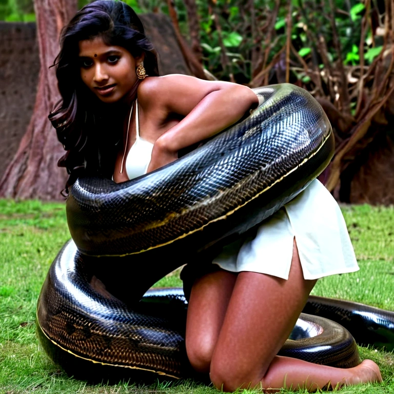 Happy Horny, aroused 1girl), beautiful kneeling indian young girl with giant colossal black titanboa squeezing her hard, wrapped in thick spiraling coils, constricted, struggle, gasping for air, snake attack, snake peril, moonless night, dim light