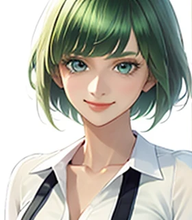 big bangs,beautiful bangs,green hair,Emerald hair,short hair,short hair,bright face,upper body up,chest up,business woman,intellectual,smile,jacket,white shirt , laughter,drooling eyes, alone,Flow of hair that extends to the face,Big light blue eyes shine charmingly,green one piece,eyeliner,Shining white skin,