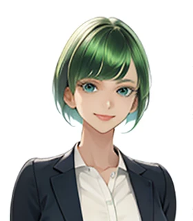 big bangs,beautiful bangs,green hair,Emerald hair,short hair,short hair,bright face,upper body up,chest up,business woman,intellectual,smile,jacket,white shirt , laughter,drooling eyes, alone,Flow of hair that extends to the face,Big light blue eyes shine charmingly,green one piece,eyeliner,Shining white skin,