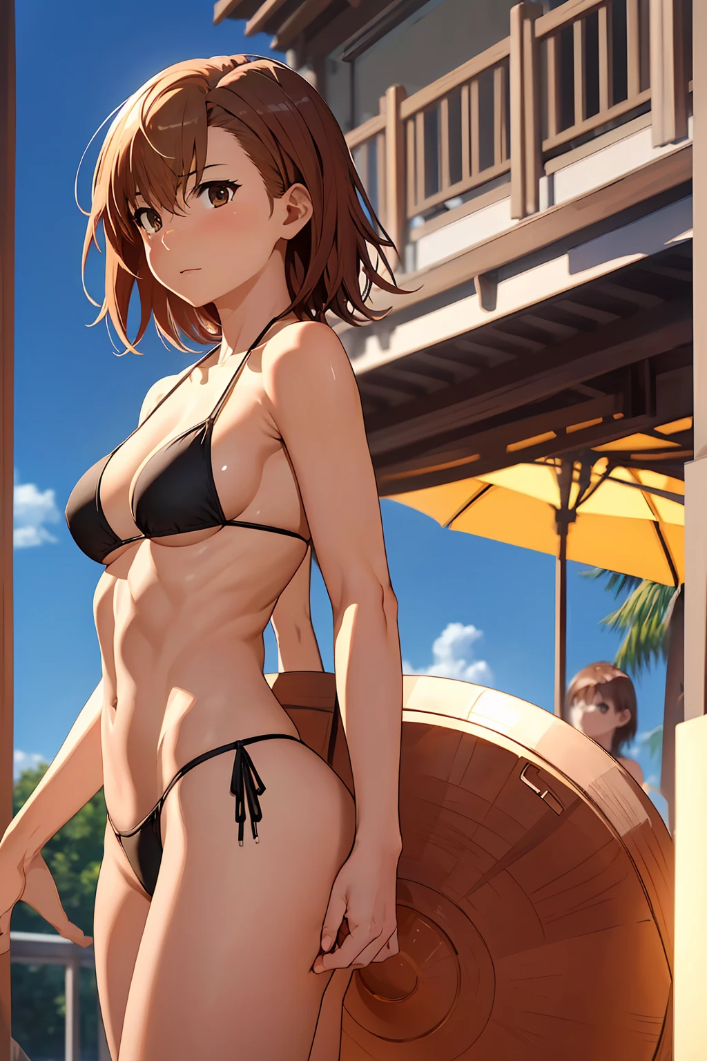 (Highest quality:1.5, High resolution, 超High resolution, 4K, Detailed lighting, Shaders), NSFW Misaka Mikoto, 独奏 short hair Brown Hair Brown eyes Cool face ((Black thong bikini))++ Realistic sun rays Beautiful beaches Super fatty muscle Muscular Beautiful ass Beautiful back Sweat Side angle