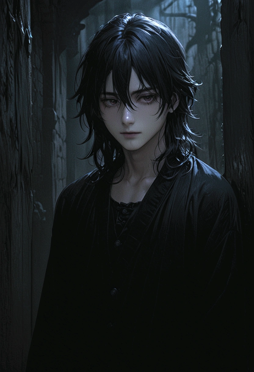 Center-parted bangs、A boy with slightly long hair、Black Hair、Dark Eyes、Illness、Fall into Darkness、Black clothes