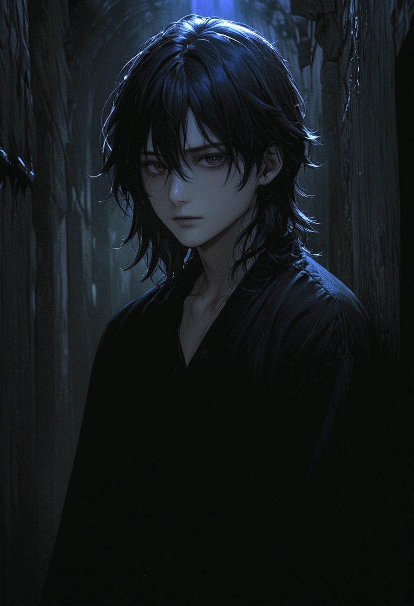 Center-parted bangs、A boy with slightly long hair、Black Hair、Dark Eyes、Illness、Fall into Darkness、Black clothes