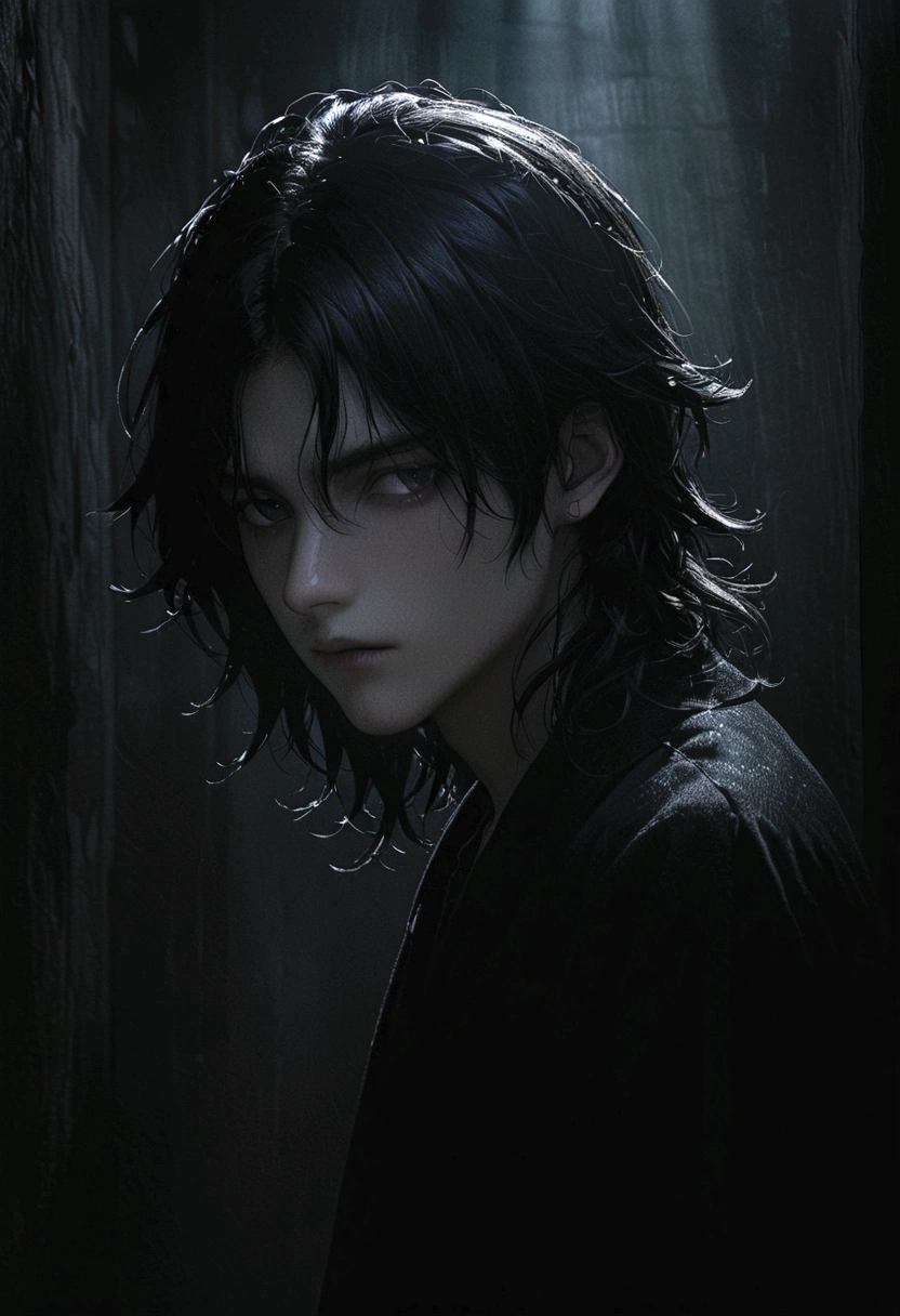 Center-parted bangs、A boy with slightly long hair、Black Hair、Dark Eyes、Illness、Fall into Darkness、Black clothes