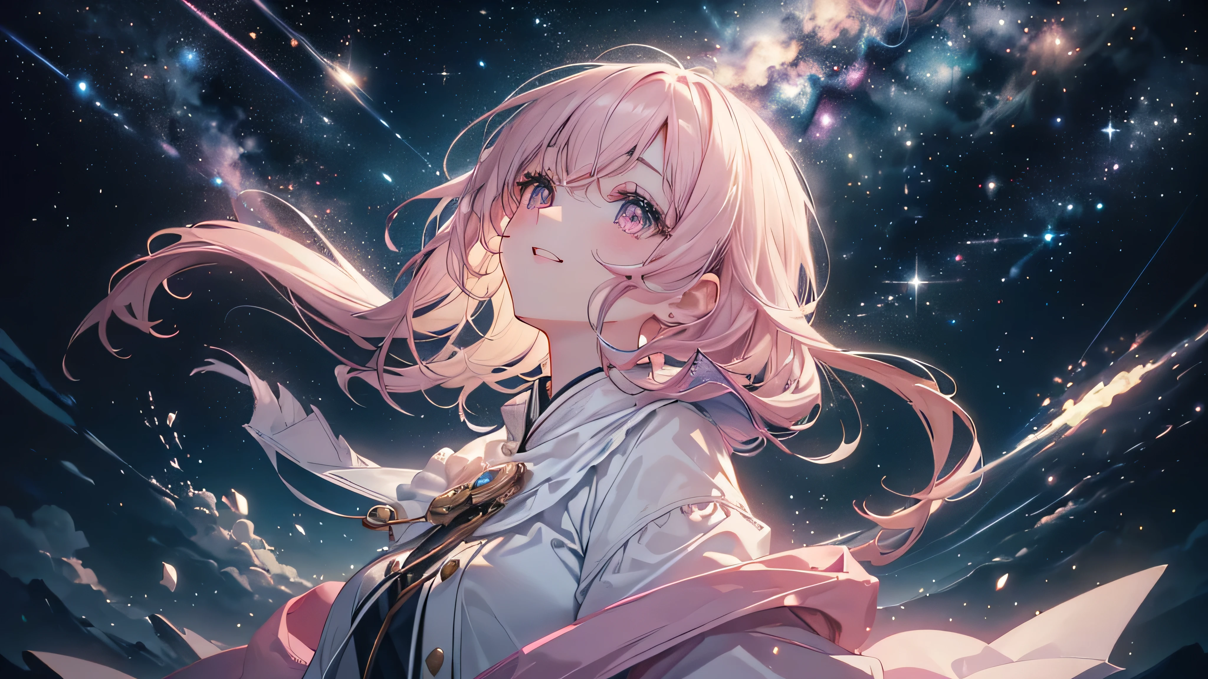 (((Highest quality、masterpiece、Ultra-fine、Ultra-fine、Exquisite、16K、Full HD,high school girl,))) 、((The best smile)), ((Looking up), (((Looking up))) 、Dark Eyes、Long eyelashes、White skin、(Pale pink lips、Pale pink cheeks、thin and long)、 ((cute)) ((One person)) 、((Glare)) 、Wide Shot、Space galaxy background、(A magnificent composition、epic proportion)、Dynamic lighting、、