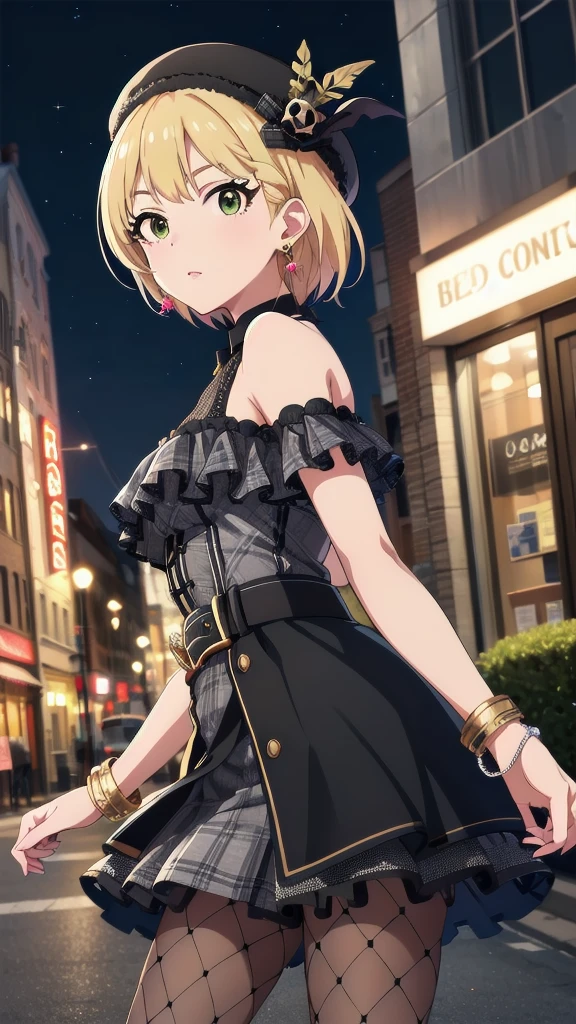 masterpiece, Highest quality, High resolution, Humphrey, Blonde, Braiding, beret, Black Hat, Earrings, Bracelet, Plaid, Bare shoulders, Black Bow, Black Dress, Wrist cuff, bracelet, belt, Fishnet tights, Idolmaster Cinderella Girls, night, city, street, Are standing, Cowboy Shot, Arms at your sides, Straight,