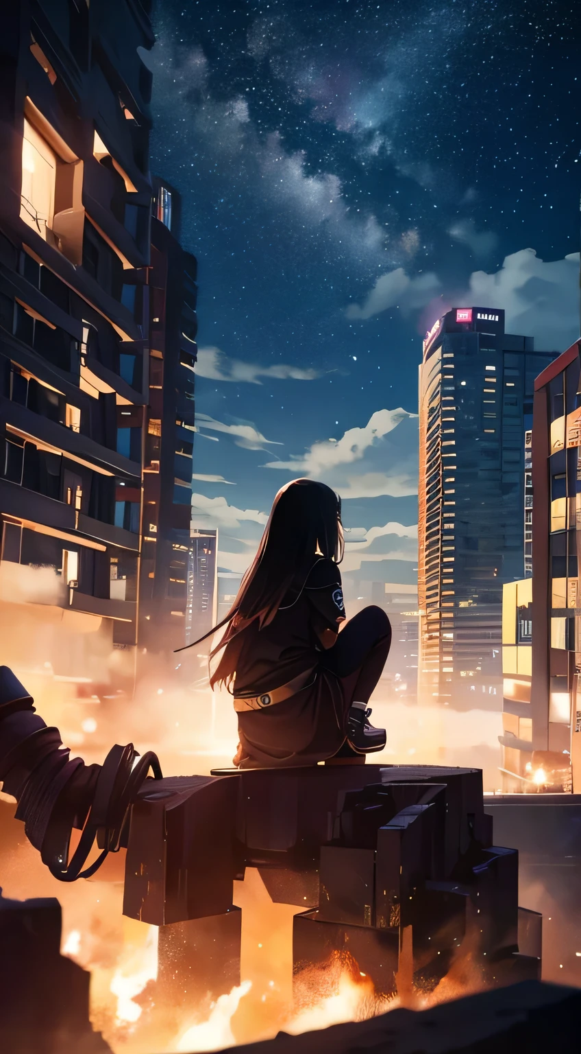 Octane, null, star (null), scenery, starry null, night, One girl, night null, alone, Outdoor, building, cloud, milky way, Sitting, wood, Long Hair, city, silhouette, cityscape