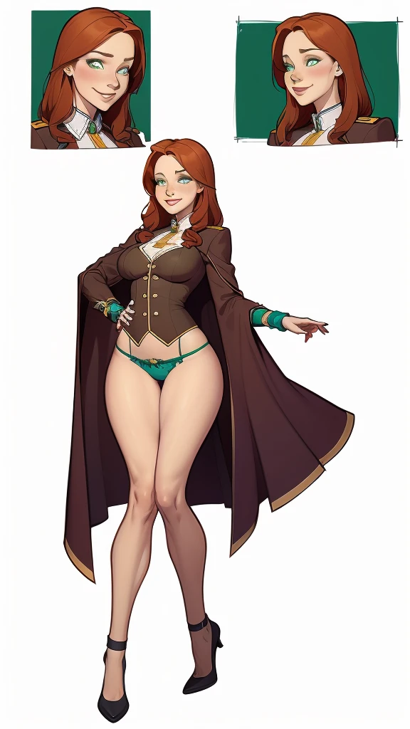 (cartoon style:1.2), Drawings of (Ginevra Molly Weasley), ssmile, perfect green eyes, face detailed, White background, fun pose, seducing gaze,Full body wearing the Sanserina uniform, beautiful medium breasts and wonderful body cartoon style digital illustration. wearing panties