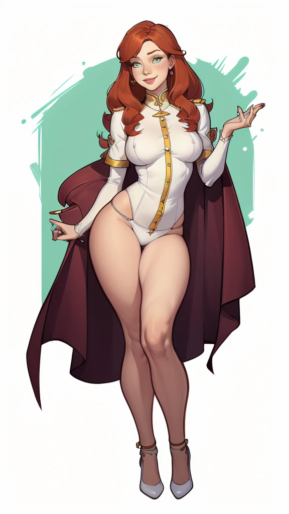 (cartoon style:1.2), Drawings of (Ginevra Molly Weasley), ssmile, perfect green eyes, face detailed, White background, fun pose, seducing gaze,Full body wearing the Sanserina uniform, beautiful medium breasts and wonderful body cartoon style digital illustration. wearing panties