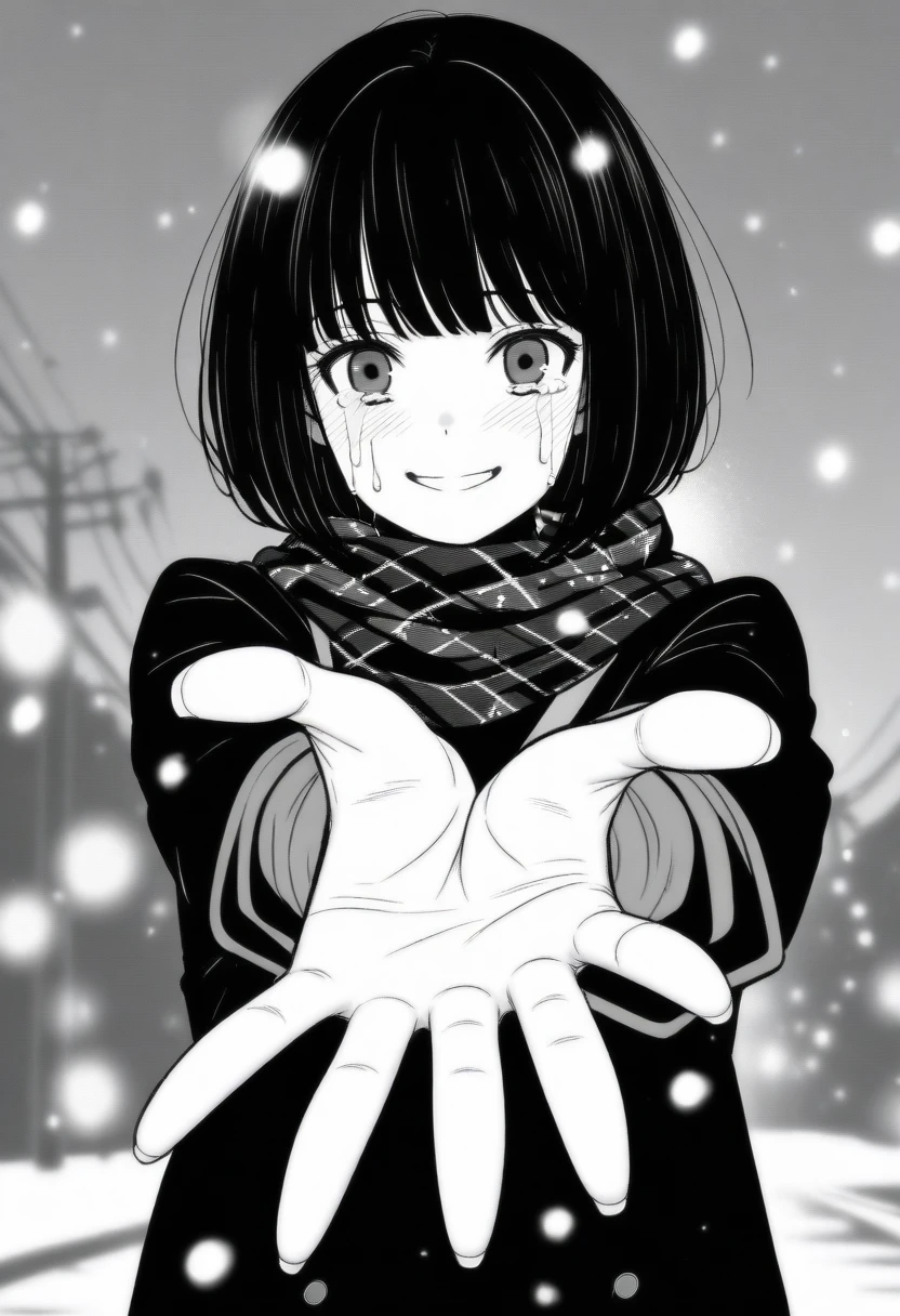 masterpiece, best quality, 1girl, mamerakkkkko, grayscale, manga style, japanese, chi no wadachi, black eyes, street, iced, black hair, schoolbag, smile, lineart, black coat, black scarf, black pleated skirt, leggins, centered, 18 years old, tall, fair skinned, bokeh background, crying, tears, tears streaming, bob cut, light particles, centered, snowing, (((reaching one hand toward viewer, reaching out one hands towards the viewer, hand)))
