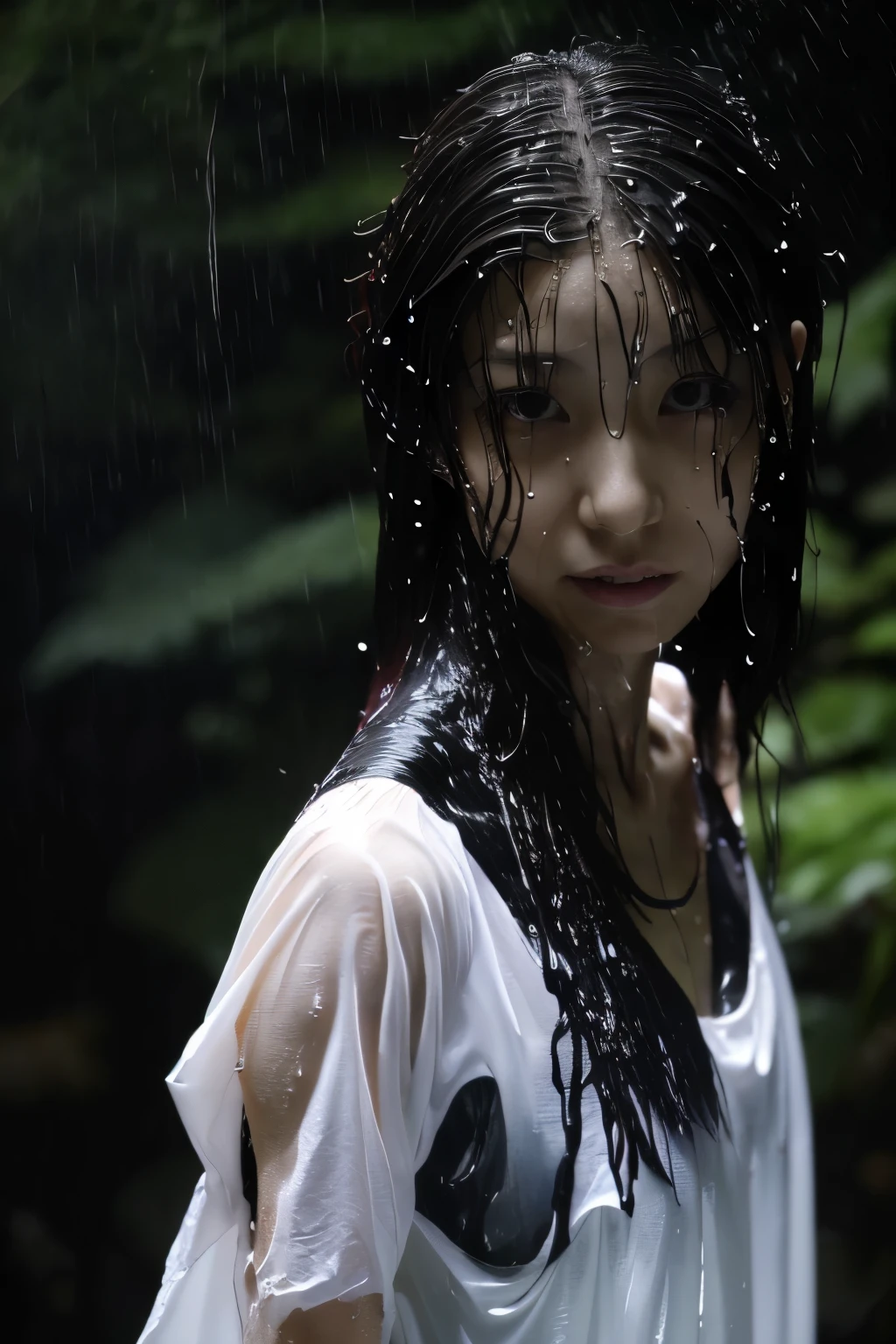 Best Image Quality, masterpiece, Ultra high resolution, (loyalty :1.4), Skinny Japanese woman, 1 girl, detailed face, detailed eyes, correct human body structure, dim, Dark, Tears, Tearsdrop, (White shirt), (wet soaked clothes sticking to the body:1.4), bare shoulders, wet hair, torrential rain, in the deep forest, 