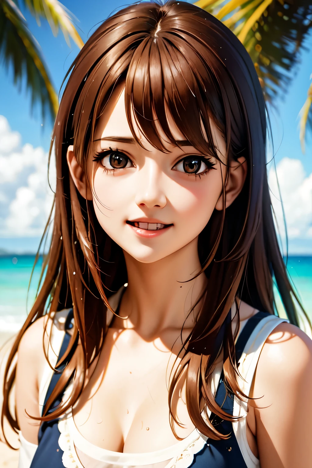 there is a woman holding a teddy bear on the beach, kawaii realistic portrait, cute anime girl, anime visual of a cute girl, smooth anime cg art, artwork in the style of guweiz, portrait of cute anime girl, cute portrait, beautiful anime portrait, beautiful anime girl, cute anime girl portrait, realistic anime 3 d style