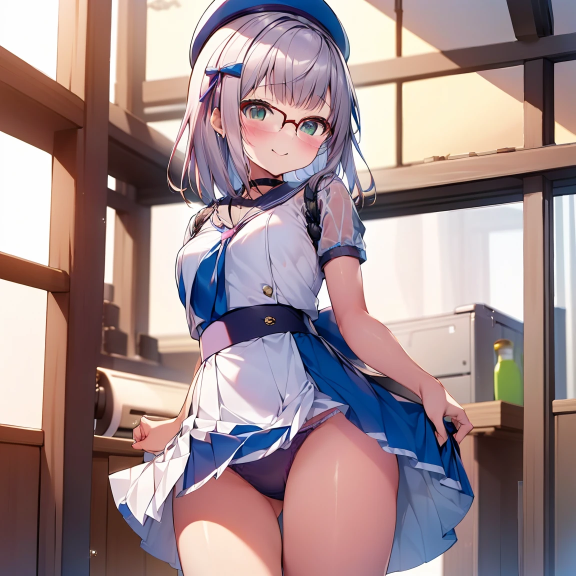 8K、masterpiece、Japanese、Woman wearing glasses、Neon(nod)、from the front、smile、Childish、Small breasts、See-through underwear、night、Bedroom、Show your underwear、mini skirt