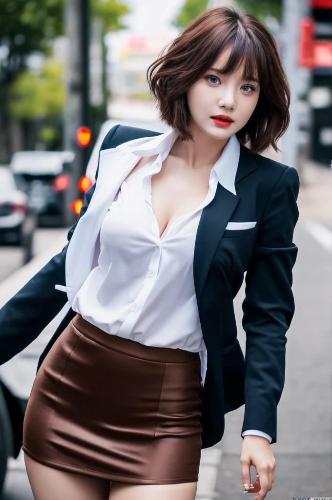 a 23 year old face of the most beautiful actress in the world, the perfect body proportions of a female, short hair cut above the ears for a female, blazer being worn on shirt is tight thanks to large breasts, panties between bare legs are seen just a little thanks to skirt is too short, crotch between bare thighs are erotic, the formal outfit is covering whole upper body, at the city street, standing, nsfw, best quality, highly detailed, masterpiece, ultra high res, photo realistic, 8k
