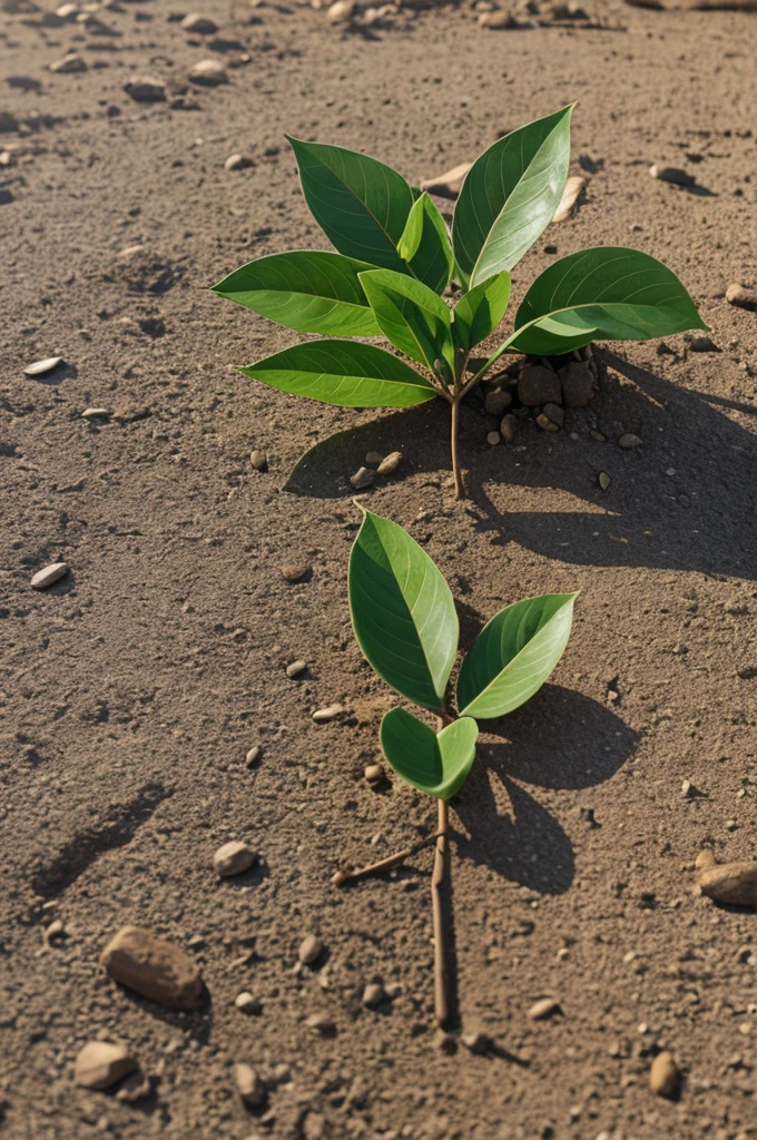 Create a 2D image of a plant on the ground with its two branches and two leaves, a last branch begins to sprout, its receptacle already formed, as the sun continues to rise