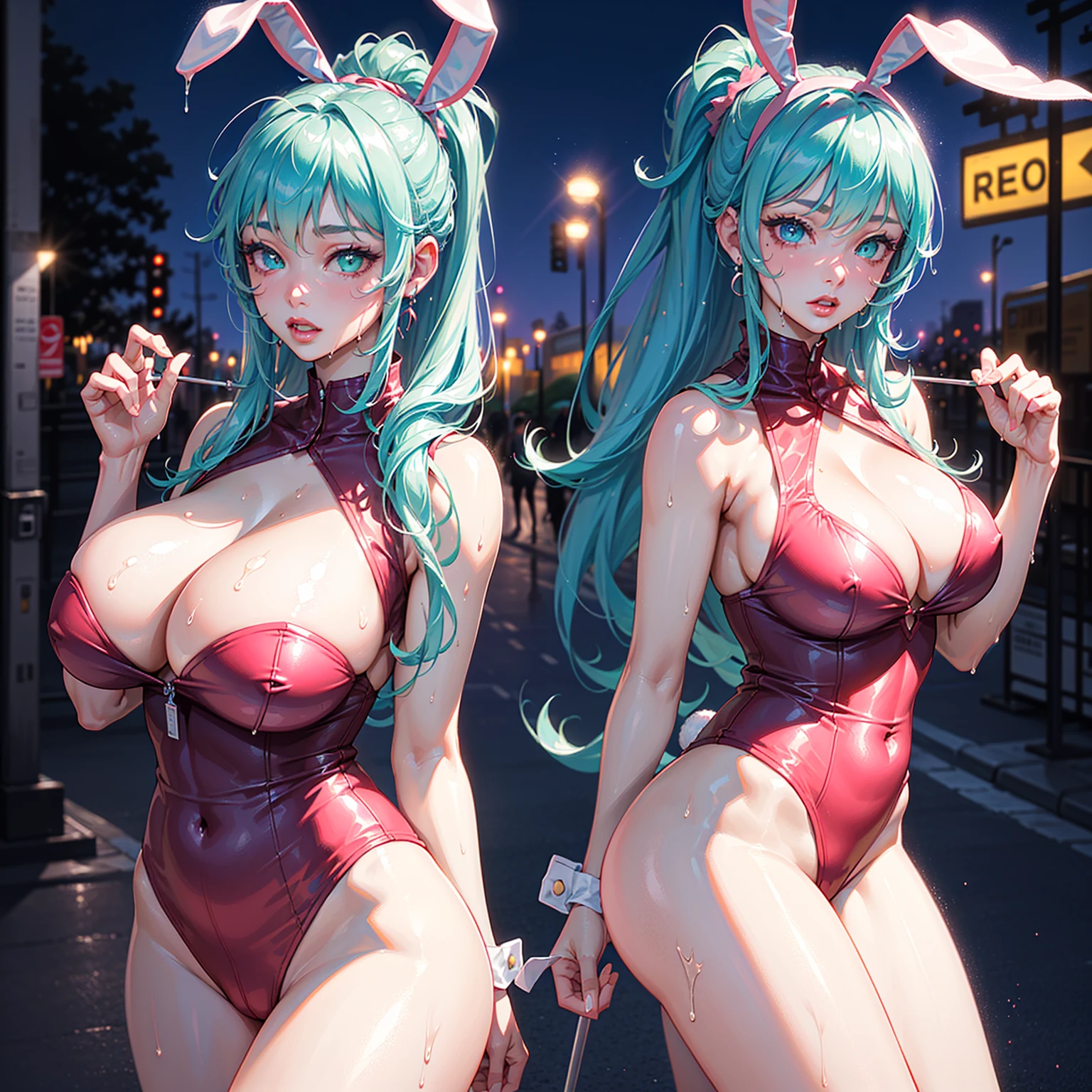 cute bunny girl,(((1girl))),((bunny girl with extremely cute and beautiful aqua hair)),(((bunny girl:1.5,anthro furry cute,bunny-girl))),(((bunny ears:1.5,bunny ears on head:1.5,big bunny ears))),

(large breasts:1.4),saggy breasts,(((aqua_hair  ponytail:1.35,aqua_hair:1.3,colored inner hair,ear breathing,large hair))),((heterochromia:1.5, (aqua_eye and pink_eye))),intricate eyes,beautiful detailed eyes,symmetrical eyes,big eyes:1.3,((fat)),(((lustrous skin:1.5,bright skin: 1.5,skin tanned,shiny skin,very shiny skin,shiny body,plastic glitter skin,exaggerated shiny skin,illuminated skin,wet legs))),(spider lower abdomen,narrow waist,wide hip,athletic body,inflated legs, thick thighs,detailed body,(detailed face)),

cute,slutty,seductive,erotic,(nsfw),

zettai ryouiki,(((race queen style costume, attractive companion costumes,pit girl costume))),(magenta suit unbuttoned,magenta costume),(((huge cleavage))),cleavage cutout,((wet clothes,intricate outfit,intricate clothes)),

(dynamic pose:1.0),solo focus,embarrassed,(centered,scale to fit dimensions,Rule of thirds),

cyberpunk city by the ocean at night, with bright neon signs and dark stormy clouds and puddles, scenery:1.25,nighttime, starry night, cosmos,Very dark night that makes the neon lights stand out, very bright neon lights,nighttime, starry night, cosmos,

artistic photography,(photography taken by sldr),highres, sharp focus,(ultra detailed, extremely detailed), (photorealistic artwork:1.37),(extremely detailed CG unity 8k wallpaper),((synthwave background theme)),(((vibrant colors))),intricate,(intricate background),(masterpiece),(best quality),perfect rendered face,perfect face details,realistic face,photo realistic,analog style,((intricate detail)),(((realism))),
