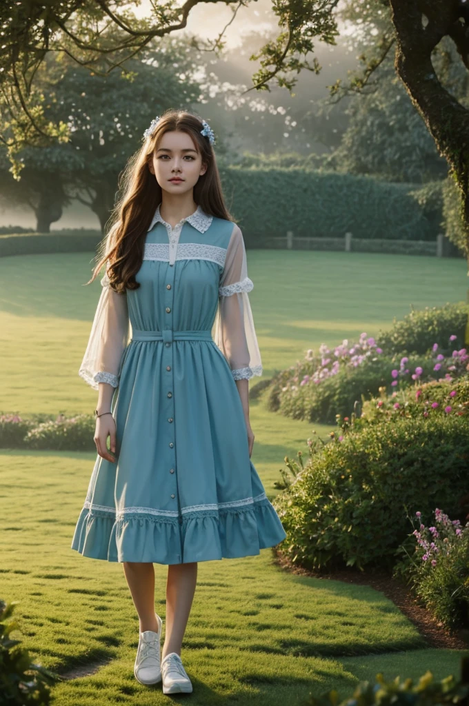 8k, of the highest quality, Masterpiece:1.2),(of the highest quality:1.0),European girl、rubio、ocean eyes、Standing in an English garden in the misty countryside、a happy look
