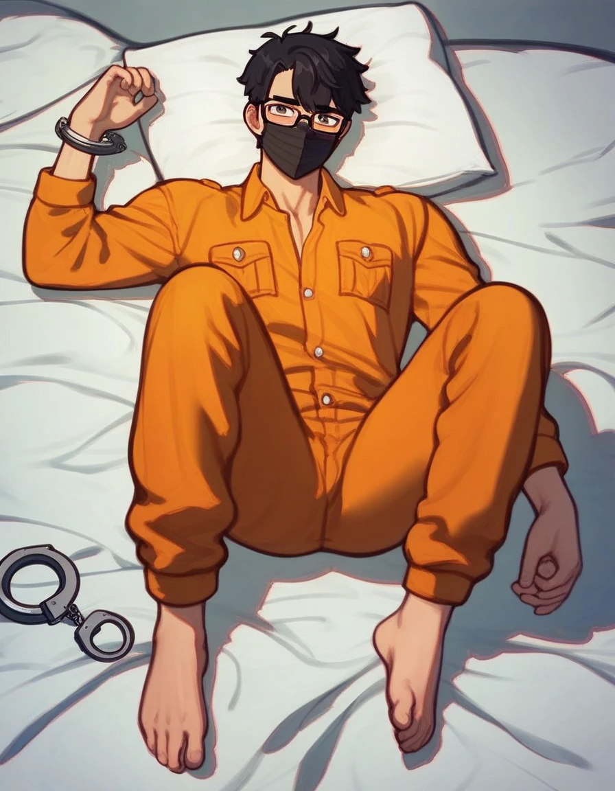 score_9、score_8_up、score_7_up、score_6_up、score_5_up、score_4_up、prisoner、Male focus、solo、Orange jumpsuit、Handcuffs、Asian、Black Hair、Glasses、Black Mask、Sunna(nilsunna)Lying on a prison bed,Barefoot,Fetters