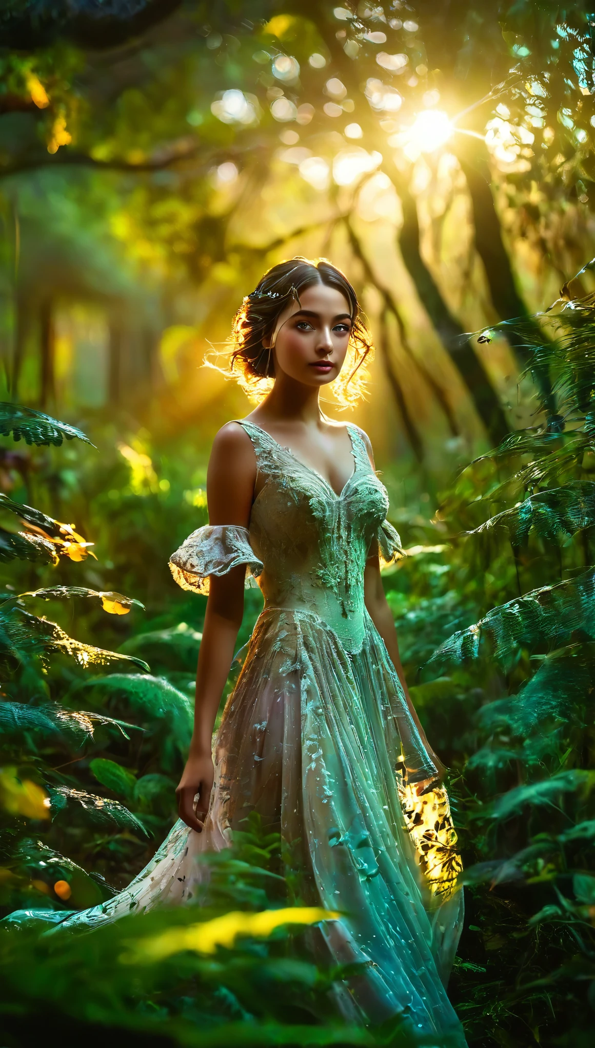 a beautiful forest at dawn, idyllic, magical, majestic, epic lighting, 8K, 1girl, detailed face, detailed eyes, detailed lips, long eyelashes, beautiful dress, serene expression, lush foliage, colorful flowers, sunbeams, photorealistic, cinematic, warm colors, dramatic lighting, intricate details