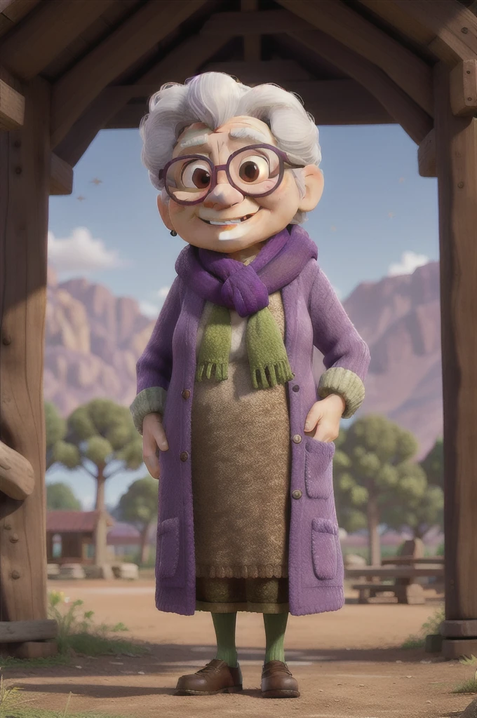 masterpiece, best quality, an old woman with glasses and a scarf on, wearing a purple coat and green scarf, standing at the park