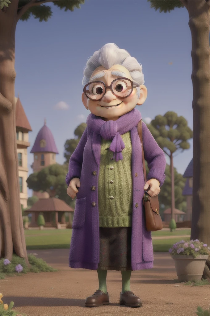 masterpiece, best quality, an old woman with glasses and a scarf on, wearing a purple coat and green scarf, standing at the park