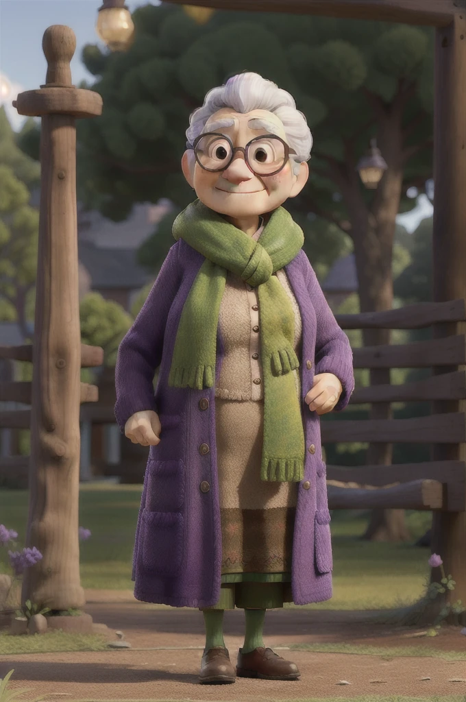 masterpiece, best quality, an old woman with glasses and a scarf on, wearing a purple coat and green scarf, standing at the park