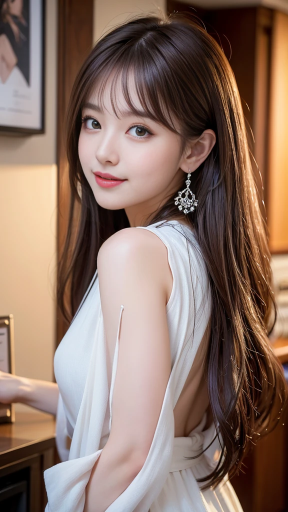 1 girl, Silver Hair, Brown hair, Dull bangs, Floating hair, Long hair, Fireplace awning, Eye of Water, Shining eyes, Long eyelashes, earrings, compensate, Smile, Open your mouth, Written border depth, First person perspective, From behind, from the side, upside down, F/1.8, 135 mm, Canon, 超HD, Retina, masterpiece, precise, Anatomically correct, Rough skin, Very detailed, Advanced Details, high quality, 最high quality, high resolution, 1080P, HD, 4K, 8K