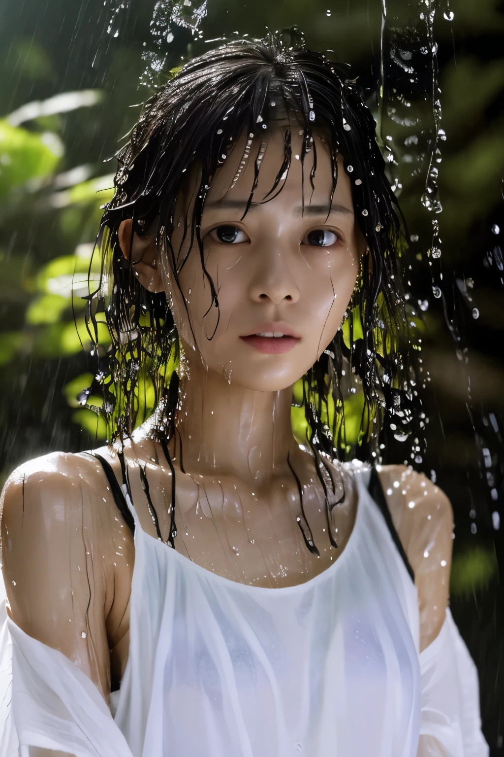 Best Image Quality, masterpiece, Ultra high resolution, (loyalty :1.4), Skinny Japanese woman, 1 girl, detailed face, detailed eyes, correct human body structure, dim, Dark, Tears, Tearsdrop, (White shirt), (wet soaked clothes sticking to the body:1.4), bare shoulders, wet hair, torrential rain, in the deep forest, 