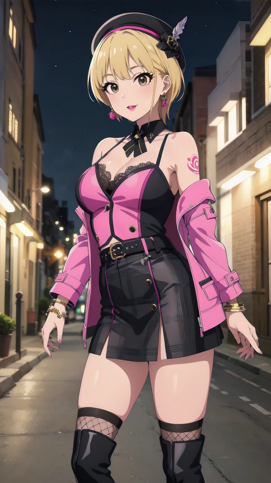 masterpiece, Highest quality, High resolution, Humphrey, Blonde, Braiding, beret, Black Hat, Earrings, Bracelet, Plaid, Bare shoulders, Black Bow, Black Dress, Wrist cuff, bracelet, belt, Fishnet tights, Idolmaster Cinderella Girls, night, city, street, Are standing, Cowboy Shot, Arms at your sides, Straight, Cleavage, Off the shoulder, Pink jacket, Open jacket, abdomen, belt, Black Skirt, alley, inquiry, Talk to your audience、 口を閉じて Are Are standing、View Audience,, tattoo, High heels, but, belly button, smile, Purple Lipstick、saliva, black micro mini skirt、 tattoo、（濃いPurple Lipstick、Purple lips）Leather long boots、Highlight the face、