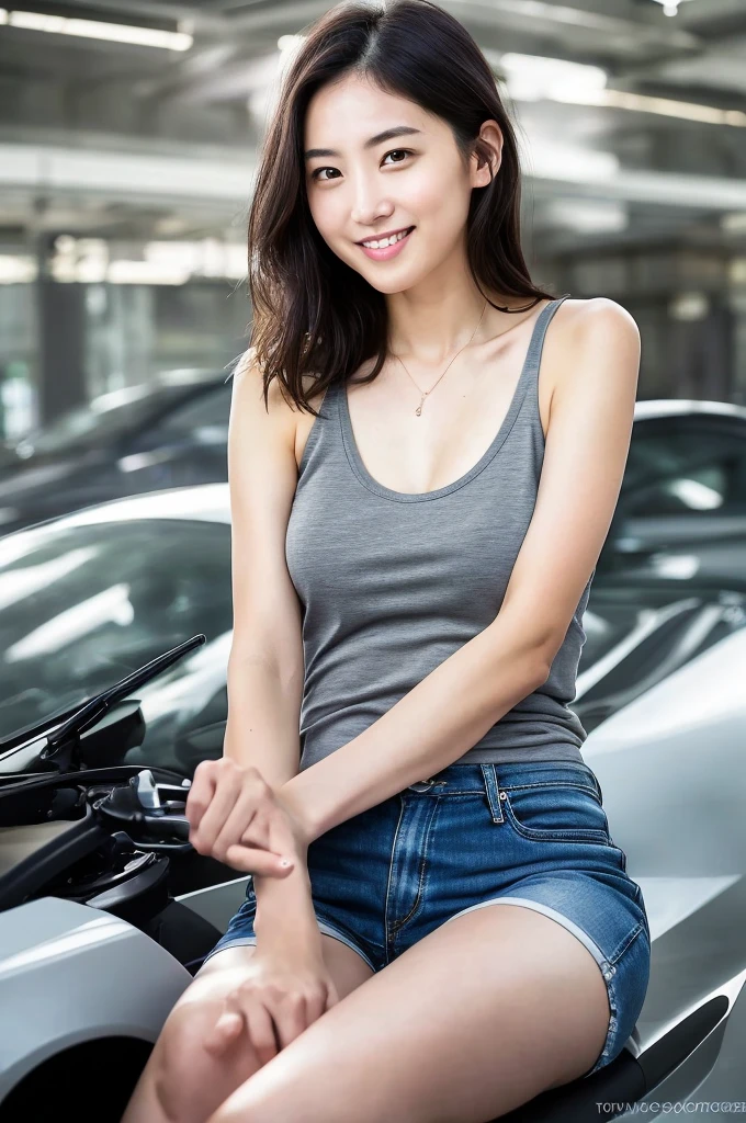 You are a professional photographer。future、Beautiful Eyes、 ((Highest quality)), Clear contours, Woman with beautiful face, (((One Girl,alone))), ((Beautiful Eyes)), Sex Appeal,Albedo and Specular Maps、Accurate simulation of lightweight material interactions、Mr.々A woman who takes a pose, Thin tank top,Complex Tank Top Light Smile、Travel abroad、Thighs