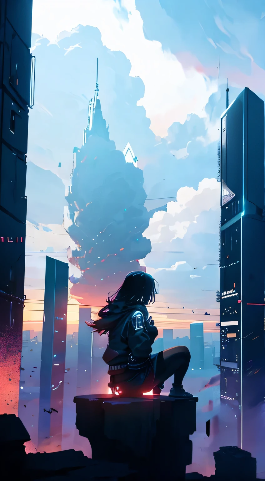 Octane, null, star (null), scenery, starry null, night, One girl, night null, alone, Outdoor, building, cloud, milky way, Sitting, wood, Long Hair, city, silhouette, cityscape