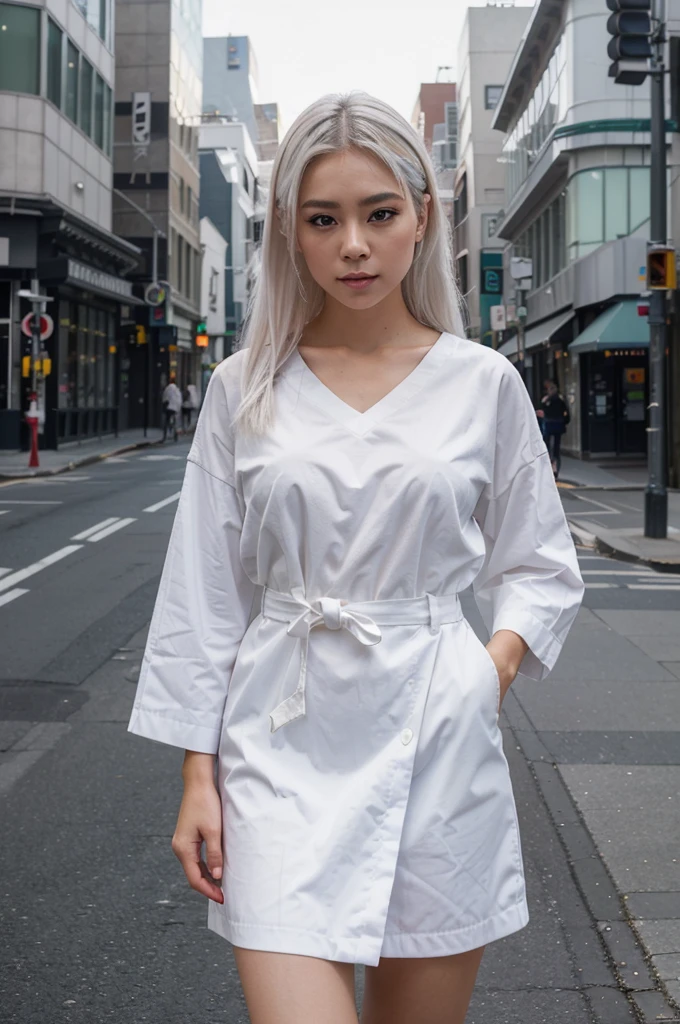 professional portrait photograph of a gorgeous japanese girl in the city use work clothes,white hair, sultry flirty look, gorgeous symmetrical face, cute natural makeup, red eyes, wearing work fashion clothing, ((standing outside city street)), stunning modern urban environment, ultra realistic, concept art, elegant, highly detailed, intricate, sharp focus, depth of field, f/1. 8, 85mm, medium shot, mid shot, (((professionally color graded))), bright soft diffused light, (volumetric fog), trending on instagram, hdr 4k, 8k