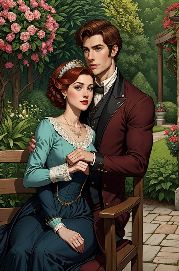 Create an elegant illustration of Colin and Penelope from 'Bridgerton' sitting on a bench. Colin is a handsome young man with short, wavy brown hair and a charming smile. He typically wears regency-era attire such as a tailored dark suit, a vest, and a cravat. Penelope is a lovely, slightly overweight young woman with curly red hair often styled in intricate updos. She has a warm, kind expression and typically wears beautiful, elaborate regency dresses in bright colors, often with floral patterns and lace. The background should be a lush garden setting, filled with blooming flowers and greenery, reflecting the opulence of the regency era. The characters should be sitting close together on the bench, perhaps with Colin looking at Penelope with affection, to emphasize their close bond. Penelope could be holding a small parasol or fan to add to the period detail.