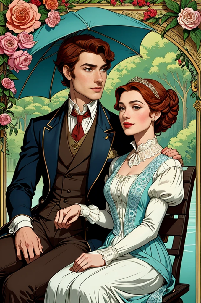 Create an elegant illustration of Colin and Penelope from 'Bridgerton' sitting on a bench. Colin is a handsome young man with short, wavy brown hair and a charming smile. He typically wears regency-era attire such as a tailored dark suit, a vest, and a cravat. Penelope is a lovely, slightly overweight young woman with curly red hair often styled in intricate updos. She has a warm, kind expression and typically wears beautiful, elaborate regency dresses in bright colors, often with floral patterns and lace. The background should be a lush garden setting, filled with blooming flowers and greenery, reflecting the opulence of the regency era. The characters should be sitting close together on the bench, perhaps with Colin looking at Penelope with affection, to emphasize their close bond. Penelope could be holding a small parasol or fan to add to the period detail.