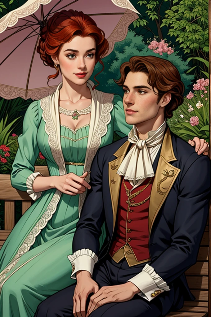Create an elegant illustration of Colin and Penelope from 'Bridgerton' sitting on a bench. Colin is a handsome young man with short, wavy brown hair and a charming smile. He typically wears regency-era attire such as a tailored dark suit, a vest, and a cravat. Penelope is a lovely, slightly overweight young woman with curly red hair often styled in intricate updos. She has a warm, kind expression and typically wears beautiful, elaborate regency dresses in bright colors, often with floral patterns and lace. The background should be a lush garden setting, filled with blooming flowers and greenery, reflecting the opulence of the regency era. The characters should be sitting close together on the bench, perhaps with Colin looking at Penelope with affection, to emphasize their close bond. Penelope could be holding a small parasol or fan to add to the period detail.