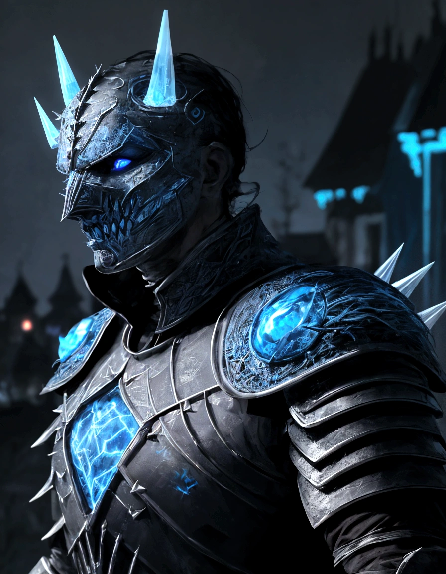  
(extremely detailed 8k wallpaper), a medium shot photo of scary  Grim dressed as a light blue masked frozen supervillain in an armour made of blue glowing wires from marvel, theme, intricate, high detail, dramatic, old scary building with ice spikes in the background 