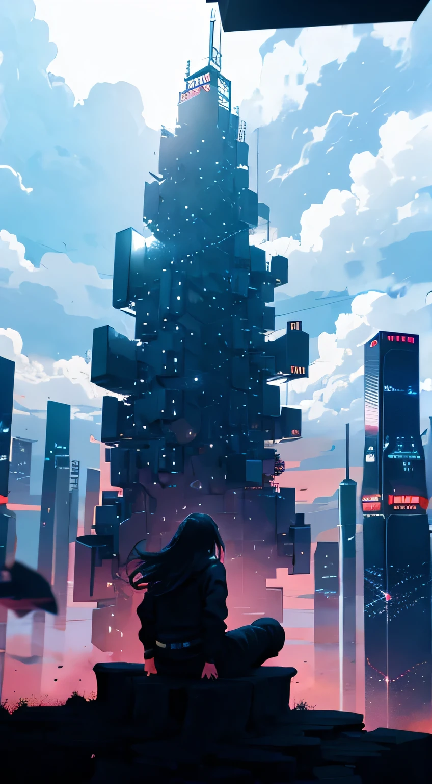 Octane, null, star (null), scenery, starry null, night, One girl, night null, alone, Outdoor, building, cloud, milky way, Sitting, wood, Long Hair, city, silhouette, cityscape