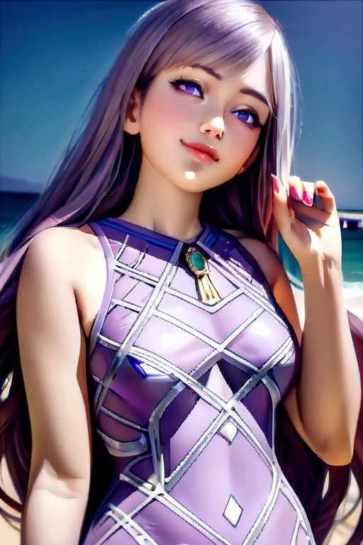 (masterpiece:1.3), (8K), (Highest quality:1.4), (Ultra-high resolution), (Realistic),( Raw photo), (One girl), (Ultra high definition), (Detailed face), Very perfect face, (Detailed Hair), Beautiful Hair, bangs, (Symmetrical eyes:1.3), (Fine grain), (Detailed skin), Realistic Skin, Shiny skin, Ultra-high resolution, (Medium chest:0.7), (Slim figure), (supermodel figures), A kind smile:1.2, Cute Japanese Girls,
( Wearing a pale purple cutwork dress:1.5, Ornament Pattern:1.3, Inspired by Versace:1.3 ),
whole body, About Okinawa's breakwater