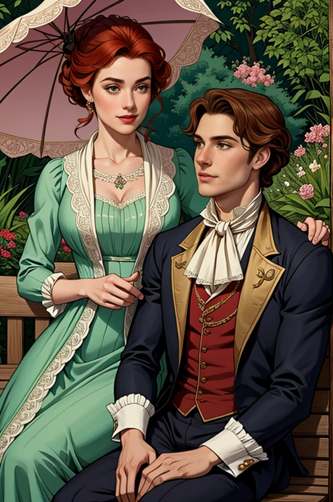 Create an elegant illustration of Colin and Penelope from 'Bridgerton' sitting on a bench. Colin is a handsome young man with short, wavy brown hair and a charming smile. He typically wears regency-era attire such as a tailored dark suit, a vest, and a cravat. Penelope is a lovely, slightly overweight young woman with curly red hair often styled in intricate updos. She has a warm, kind expression and typically wears beautiful, elaborate regency dresses in bright colors, often with floral patterns and lace. The background should be a lush garden setting, filled with blooming flowers and greenery, reflecting the opulence of the regency era. The characters should be sitting close together on the bench, perhaps with Colin looking at Penelope with affection, to emphasize their close bond. Penelope could be holding a small parasol or fan to add to the period detail.