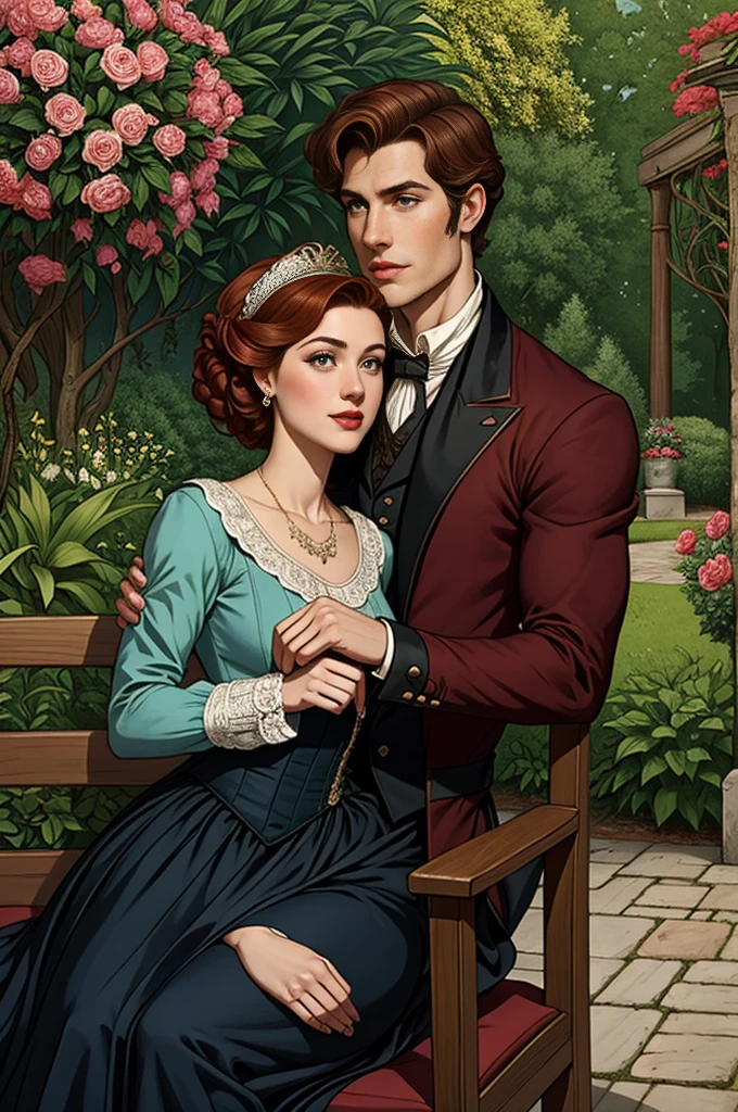 Create an elegant illustration of Colin and Penelope from 'Bridgerton' sitting on a bench. Colin is a handsome young man with short, wavy brown hair and a charming smile. He typically wears regency-era attire such as a tailored dark suit, a vest, and a cravat. Penelope is a lovely, slightly overweight young woman with curly red hair often styled in intricate updos. She has a warm, kind expression and typically wears beautiful, elaborate regency dresses in bright colors, often with floral patterns and lace. The background should be a lush garden setting, filled with blooming flowers and greenery, reflecting the opulence of the regency era. The characters should be sitting close together on the bench, perhaps with Colin looking at Penelope with affection, to emphasize their close bond. Penelope could be holding a small parasol or fan to add to the period detail.