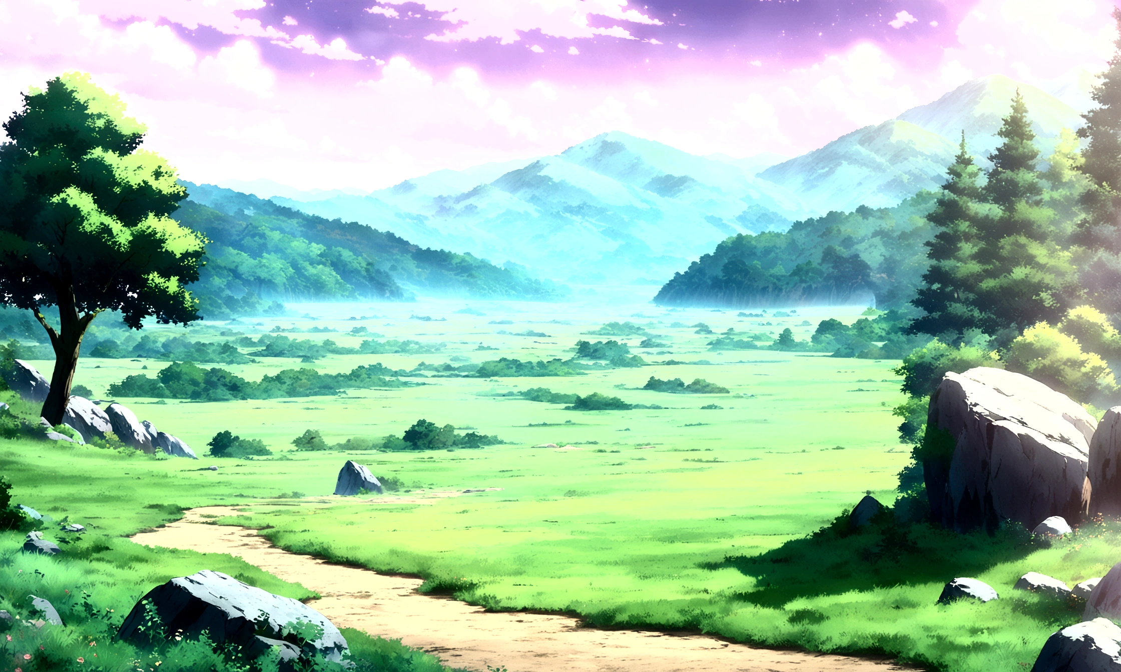 anime - style painting of a tree in a grassy field with rocks, anime countryside landscape, anime landscape, anime landscape wallpaper, anime background art, beautiful anime scenery, anime background, anime beautiful peace scene, anime scenery, anime movie background, anime nature, anime scenery concept art, colorful anime movie background, beautiful anime scene, anime scene, beautiful landscape background
