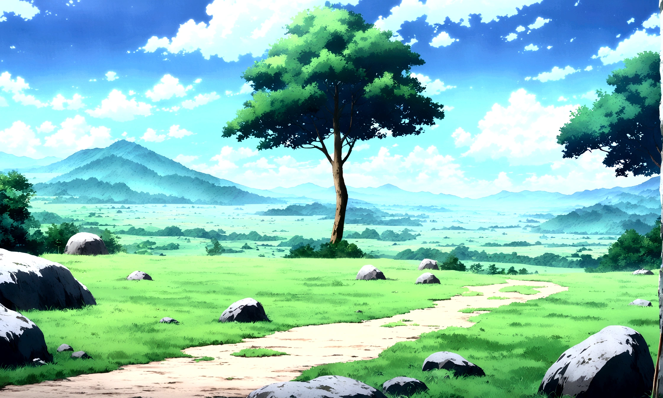 anime - style painting of a tree in a grassy field with rocks, anime countryside landscape, anime landscape, anime landscape wallpaper, anime background art, beautiful anime scenery, anime background, anime beautiful peace scene, anime scenery, anime movie background, anime nature, anime scenery concept art, colorful anime movie background, beautiful anime scene, anime scene, beautiful landscape background
