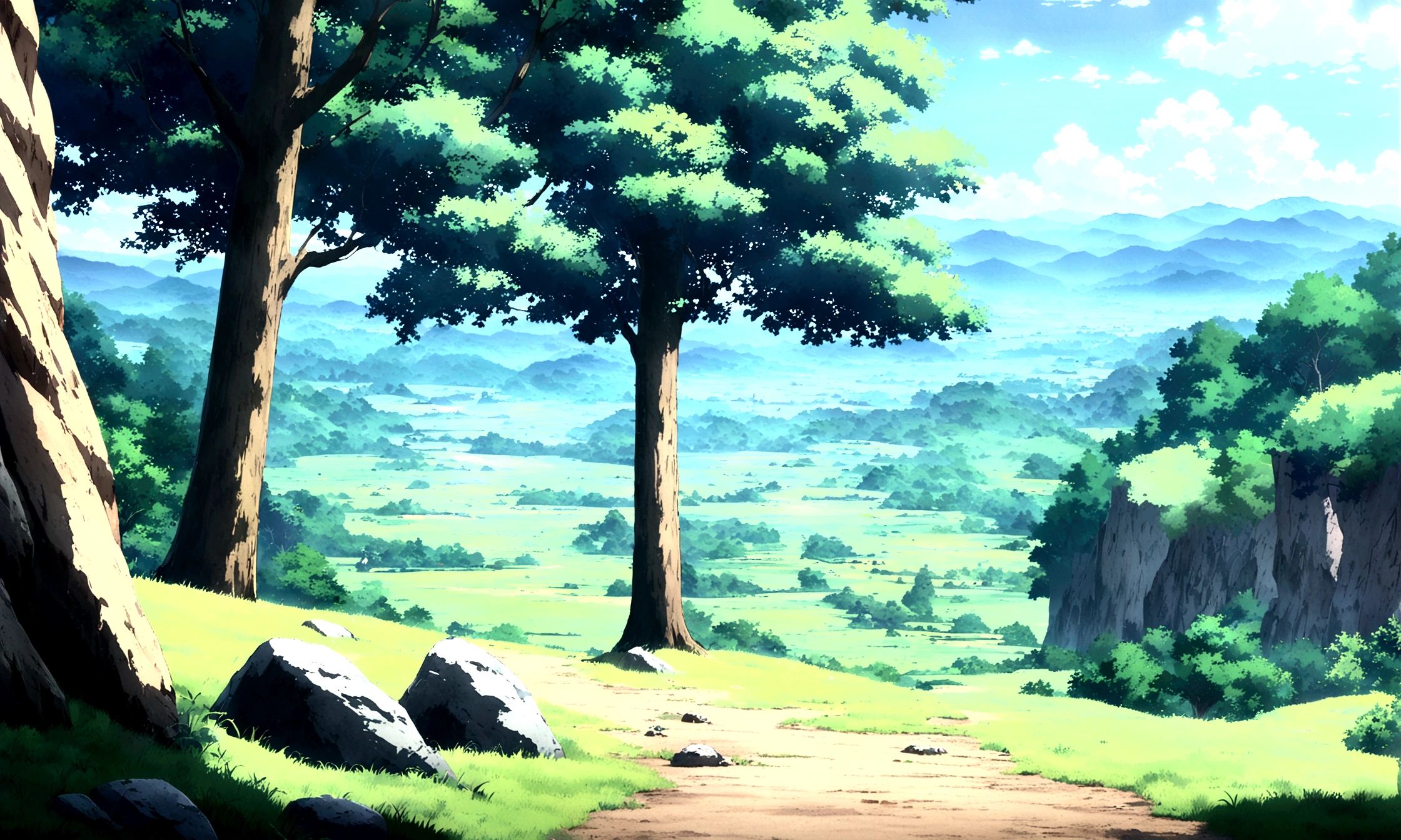 anime - style painting of a tree in a grassy field with rocks, anime countryside landscape, anime landscape, anime landscape wallpaper, anime background art, beautiful anime scenery, anime background, anime beautiful peace scene, anime scenery, anime movie background, anime nature, anime scenery concept art, colorful anime movie background, beautiful anime scene, anime scene, beautiful landscape background