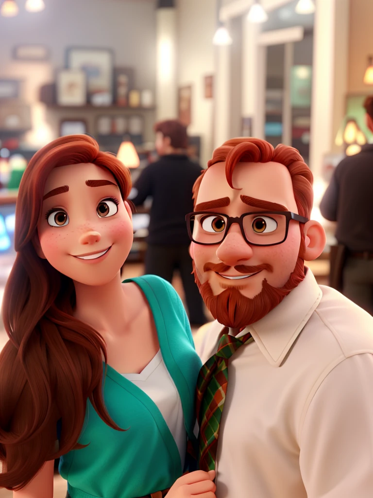 Brunette woman with brown eyes, White man with light red hair and beard, disney pixar style, high qualiy, best qualityer