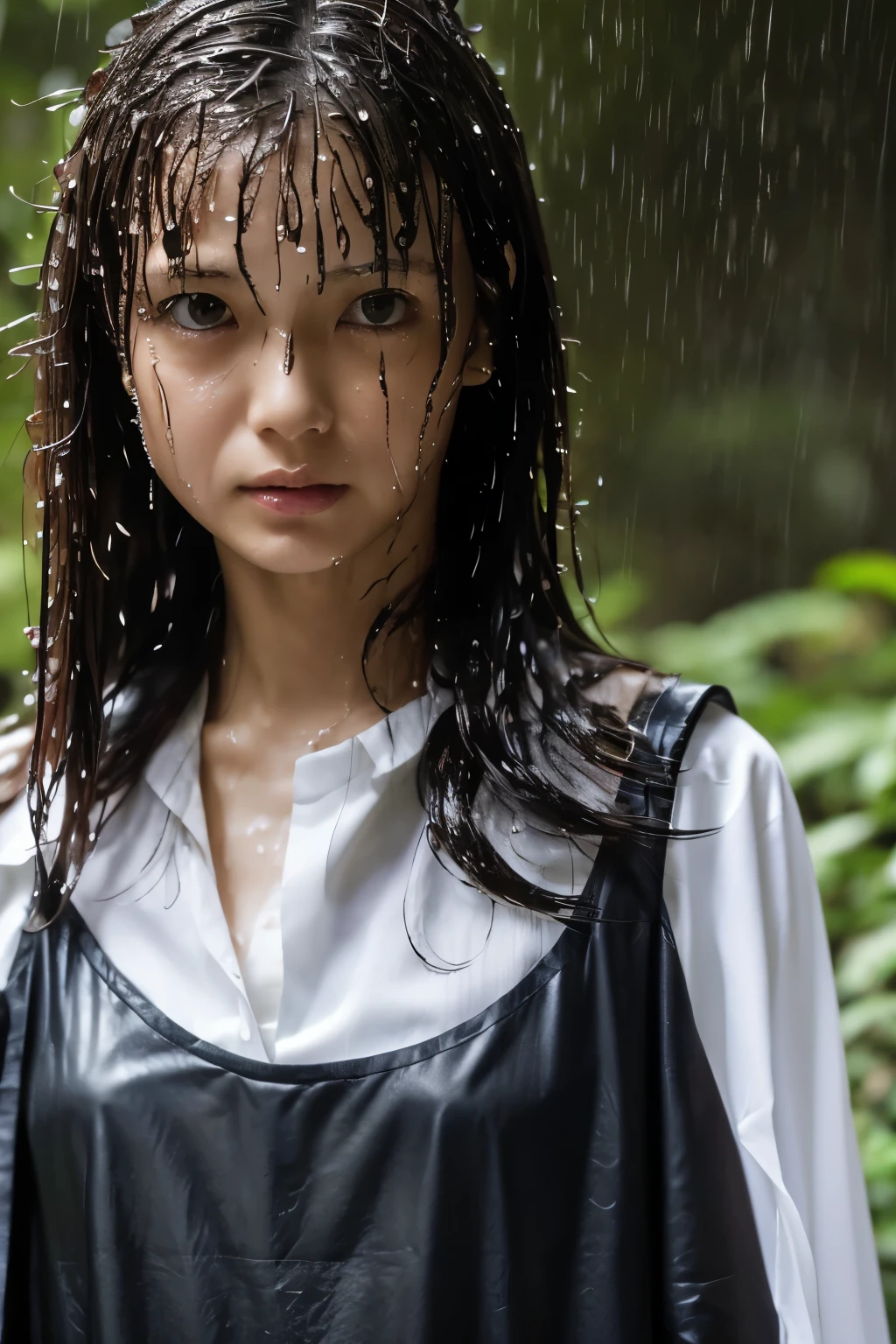 Best Image Quality, masterpiece, Ultra high resolution, (loyalty :1.4), Skinny Japanese woman, 1 girl, detailed face, detailed eyes, correct human body structure, dim, Dark, Tears, Tearsdrop, (White shirt), (wet soaked clothes sticking to the body:1.4), bare shoulders, wet hair, torrential rain, in the deep forest, 
