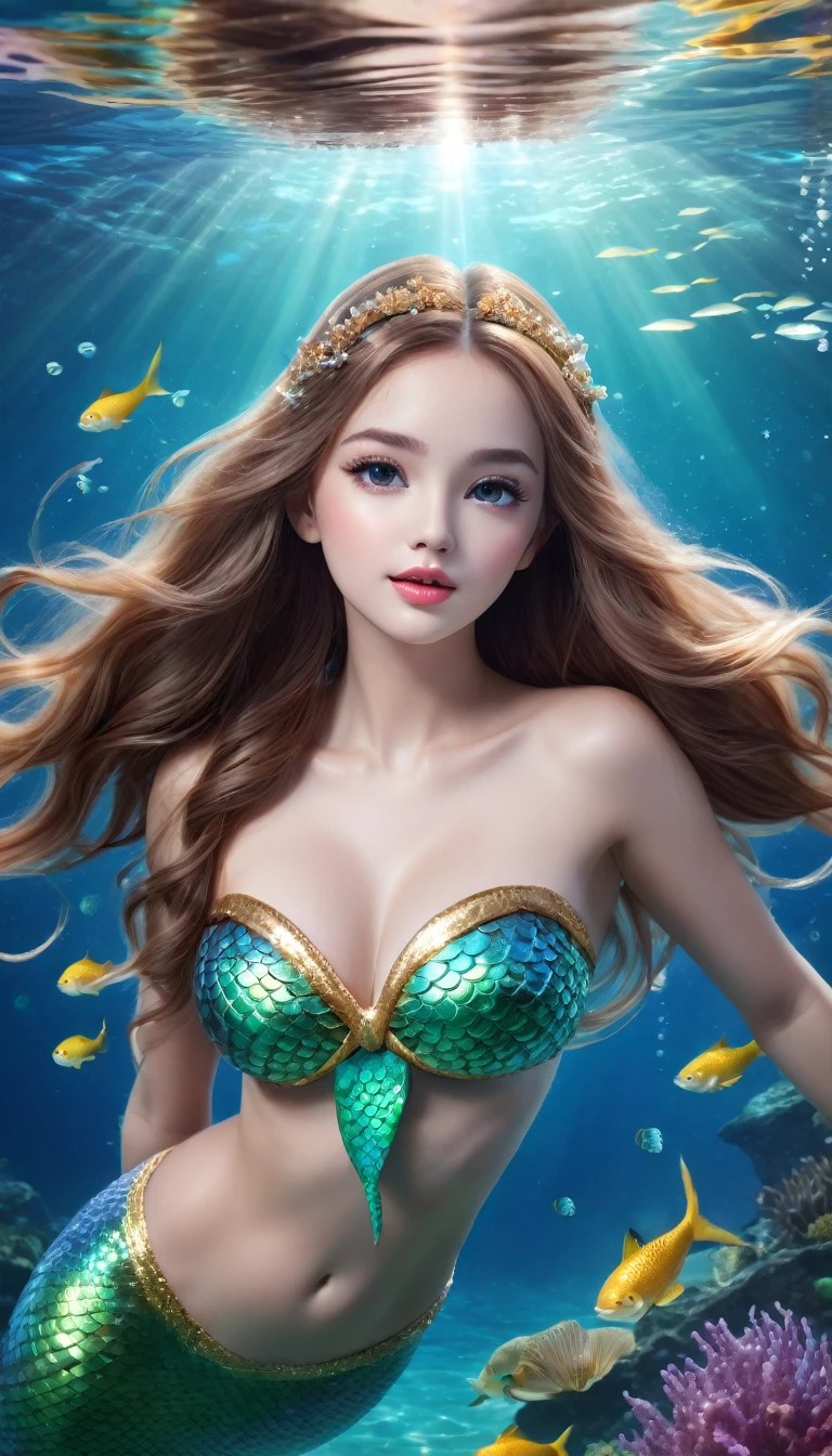 (best quality,4k,8k,highres,masterpiece:1.2),ultra-detailed,(realistic,photorealistic,photo-realistic:1.37),(whole body:1.3)mermaid princess, detailed face, beautiful eyes, long eyelashes, delicate lips, elegant hairstyle, shimmering scales, flowing underwater hair, sea creature background, fantasy underwater scene, vibrant colors, dramatic lighting, soft focus, ethereal atmosphere