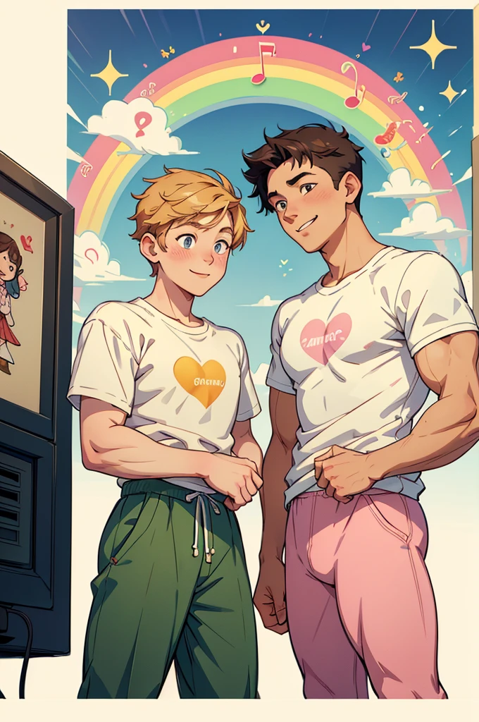 A heartwarming poster for the TV show Heartstopper, featuring the main characters , 2 young mens , Nick and Charlie, in a central position, sharing a moment of laughter and connection. The background uses a soft, pastel color palette with elements like school lockers, doodles, and heart motifs. The setting includes key locations from the show subtly in the background, such as the school, park, and arcade. The art style is hand-drawn or watercolor, giving a whimsical and inviting feel. The poster also includes small details like musical notes, text messages, and rainbows to add depth and warmth. 