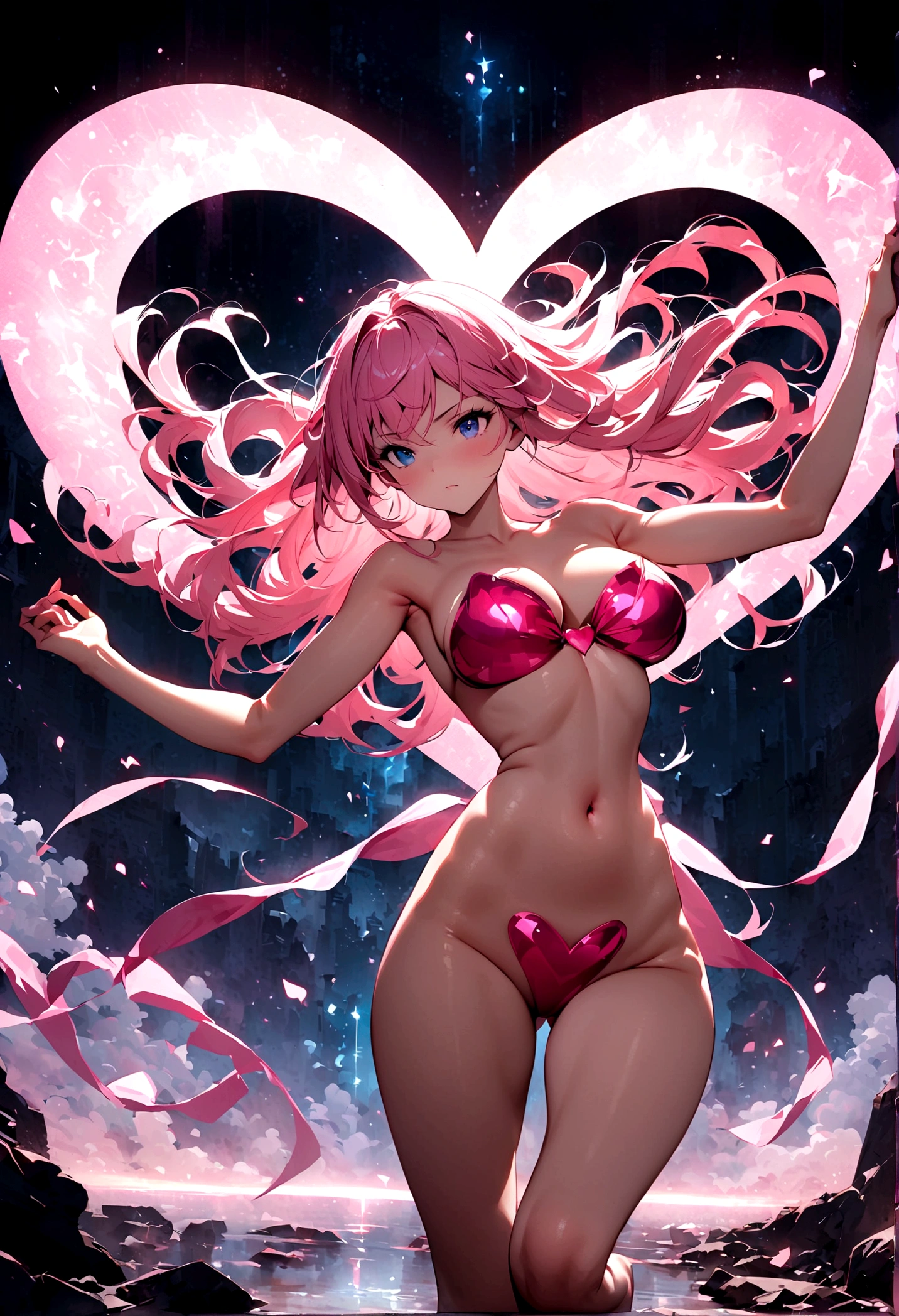 (Masterpiece:1.2), (The best quality:1.2), Perfect lighting, beautiful girl, perfect girl, (fully nude), hands hidden, pink magician girl, touching her long pink hair, flowing hair, dynamic pose, provocative pose, big tits, neckline, create a magic background using shades of pink purple and blue. Walking out of a magical heart shaped Portal.
