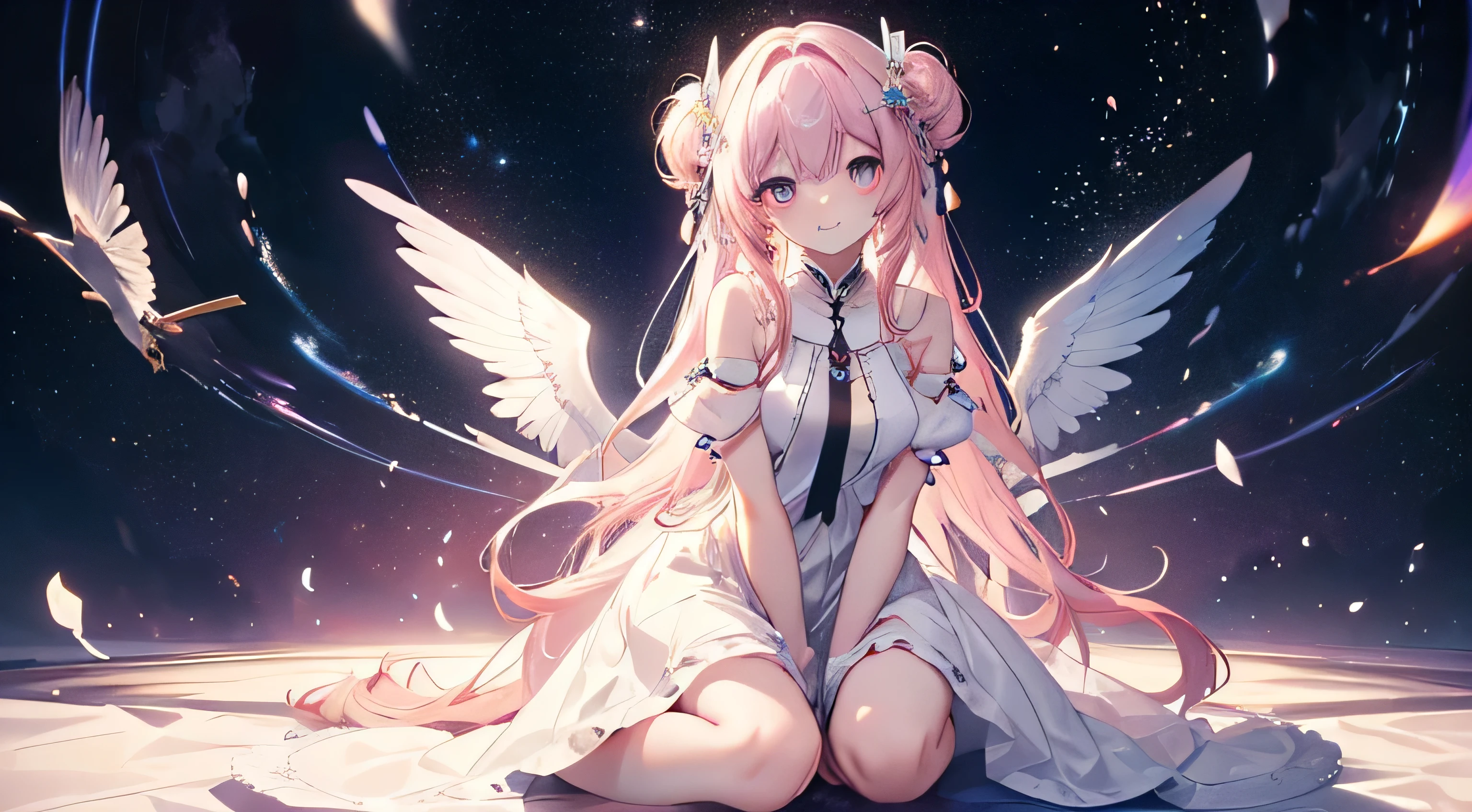 (((Highest quality、masterpiece、Ultra-fine、Ultra-fine、Exquisite、16K、Full HD,high school girl,))) 、((The best smile)), Dark Eyes、Long eyelashes、White skin、(Pale pink lips、Pale pink cheeks、thin and long)、 ((cute)) ((One person)) 、((On all fours)) 、Wide Shot、Space galaxy background、(A magnificent composition、epic proportion)、