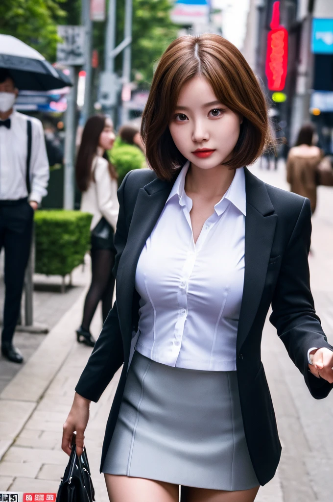 a 22 year old face of the most beautiful actress in the world, the perfect body proportions of a female, tight blazer is worn with formal shirt on female upper body, panties of female crotch between bare legs under short skirt are seen just a little, the short hair cut of a female is just like male one, standing, at the city street, nsfw, best quality, highly detailed, masterpiece, ultra high res, photo realistic, 8k