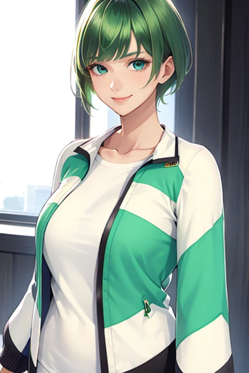 big bangs,beautiful bangs,green hair,Emerald hair,short hair,short hair,bright face,upper body up,chest up,business woman,intellectual,smile,jacket,white shirt , laughter,drooling eyes, alone,Flow of hair that extends to the face,Big light blue eyes shine charmingly,green one piece,eyeliner,Shining white skin,